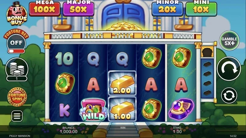 Piggy Mansion - 5x3グリッドと現金シンボルがあるゲーム画面